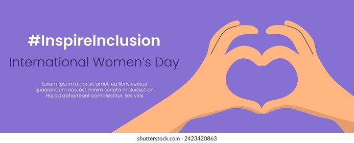 Inspire Inclusion slogan International Women's Day 8 march 2024. Iwd world campaign. Vector woman's hands on heart gesture on violet background