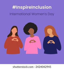 Inspire Inclusion slogan International Women's Day 8 march 2024. Iwd world campaign. Vector women's characters on violet background