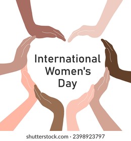 Inspire inclusion social campaign. International Women's Day. Stop gender discrimination and stereotypes. Group of diverse hands gesture as heart shape. 2024 women's day campaign - InspireInclusion