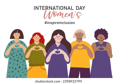 Inspire inclusion social campaign. International Women's Day. Smiling diverse race group of women and men hands gesture as heart shape to stop gender discrimination. 2024 theme - InspireInclusion