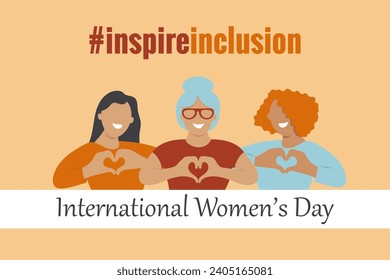 Inspire inclusion social campaign.Smiling women . Heart shaped hand gesture.Vector illustration