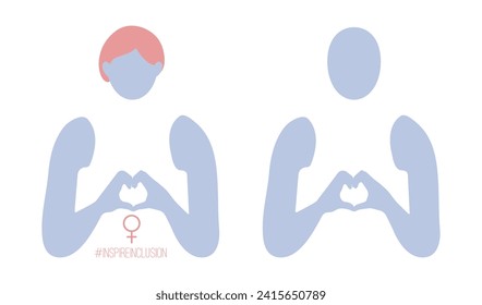 Inspire Inclusion universal Woman icons. International Women's Day 2024 design with hands and heart shape. IWD InspireInclusion social campaign decoration for web in minimalist flat style.