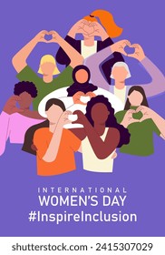 Inspire inclusion vertical banner for International Women's day. IWD 2024 campaign with diverse women making heart gesture and slogan on purple background. Flat modern vector illustration