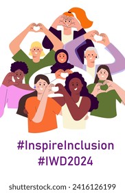 Inspire inclusión en la plantilla de banner vertical para el Día Internacional de la Mujer. Campaña IWD 2024 con diversas mujeres haciendo gestos de corazón y etiqueta con antecedentes blancos. Ilustración del vector