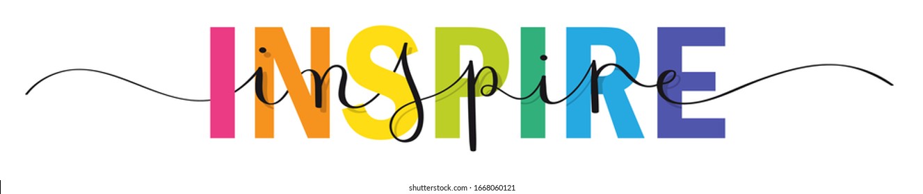 INSPIRE mixed rainbow-colored vector typography banner with interwoven brush calligraphy