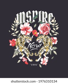 inspire now slogan with double tiger and wild flower vector illustration on black background