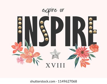 inspire slogan with pearl rivets and flower illustration