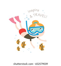 Inspire and travel Greeting card in vector. Summer child's outdoor activities. Beach holiday. Happy childhood.