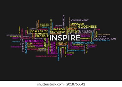 INSPIRE word cloud collage isolated black background, business concept background