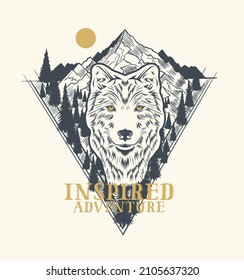 Inspired adventure.hand drawn typography poster with howling wolf, pine trees and moon. be wild and wonder. artwork for hipster wear. vector Inspirational illustration on mountain background