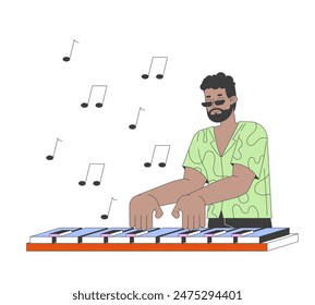 Inspirado hombre afroamericano tocando música 2D personaje de dibujos animados lineal. Talentoso músico negro aislado de la línea de la persona del Vector de fondo blanco. Ilustración de mancha plana de color de afición creativa