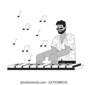 Inspirierter afroamerikanischer Mann, der schwarz-weiße 2D-Linien-Cartoon-Figur spielt. Talentierte schwarze Musiker isolierte Vektorgrafik Umriss Person. Kreative Hobby monochromatische flache Spot-Illustration