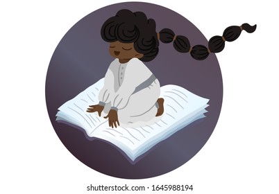 An inspired african child is flying on a big book. Illustration of children's literature, fairy tales. International Children's Book Day. Vector isolated picture for online store or design.