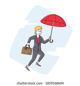 Inspired Businesswoman Fly with Umbrella in Sky. Inspiration Character. Financial Protection, Insurance, Shield from Problems. Business Woman with Briefcase in Hand Flight. Linear Vector Illustration