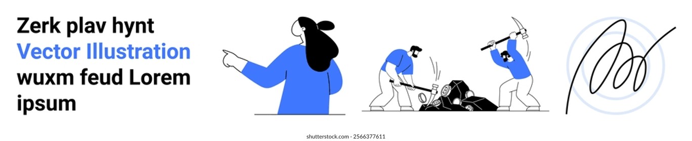 Inspired by construction and collaboration, showing a woman pointing, two men working together breaking rocks, and a stylized signature. Ideal for teamwork, architecture, project management