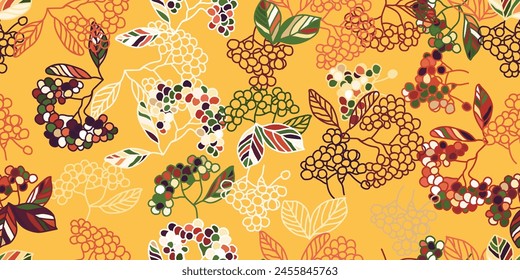 Inspired by the ecoregions natural environment, this seamless pattern features leaves and berries in shades of orange and yellow, perfect for textile art design
