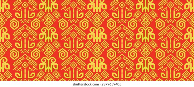 Inspired by the fusion of Batik and Asmat tribe art. Set of Geometric seamless patterns for graphic design. Scarlet and Gold texture