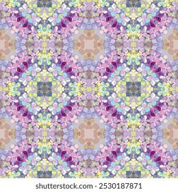 Inspired by hydrangea blossoms, this vector small detail mosaic pattern features soft pastel tones of pink, purple, and light yellow.