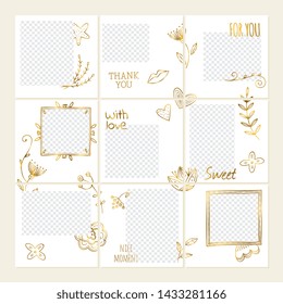 Inspired By Instagram Vector Social Media Collage Template With Doodle Branches And Flowers Design. Illustration Of Interface For Photography, Social Media Frame