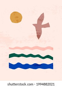 Inspired by Matisse, Abstract Art of Birds and Organic Shapes in a Trendy minimalist style. Vector Collage of the Sea and the sun from cut paper for prints on T-shirts posters, covers, postcards