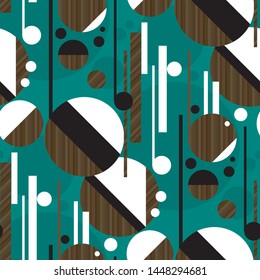 Inspired by music abstract concept geometric seamless pattern. Modern trendy brown wood and emerald green repeatable motif. Rapport for fabric, textile, wrap, surface, web and print design. 
