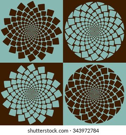 Inspired by the pattern of sunflower seeds, a set of stylized flowers in a chocolate and blue palette.
