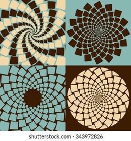 Inspired by the pattern of sunflower seeds, a set of stylized flowers and swirls in a chocolate and blue palette.