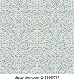 Inspired by traditional ikat technique this abstract seamless vector filled with light blue curvy lines and on a cream background. The design has a soft, organic feel reminiscent of water or waves.