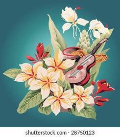 inspired by a vintage Hawaiian Aloha shirt, an image of tropical flowers, a calabash with feather lei, and a ukulele