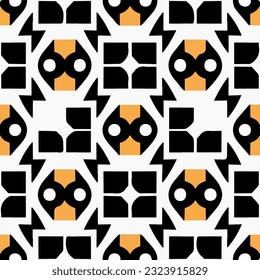 Inspired by West African masks, pattern features black and yellow shapes arranged symmetrically on white background, forming an eye catching grid of eye like motifs.