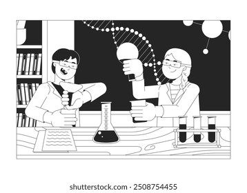 Inspired children students doing chemical experiments black and white 2D line cartoon characters. Schoolchildren in lab isolated vector outline people. School monochromatic flat spot illustration
