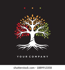 Logo de un árbol de colores inspirados con un diseño moderno. Concepto de la ilustración del vector del árbol de hoja colorida. Diseño de la plantilla del logotipo del vector. El concepto de plantas, naturaleza y ecología.