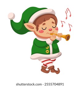 Inspired elf playing flute flat color vector character. Little man entertaining Christmas party guests illustration on white background