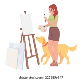 Inspired girl with golden retriever painting on easel semi flat color vector character. Editable full body person on white. Simple cartoon style illustration for web graphic design and animation