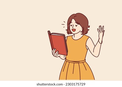 Inspired girl reads poetry and expressively waves hand for concept of literary talent in child. Schoolgirl with book dreams of becoming poet by reading poetry and novels by famous authors