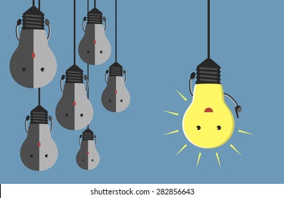 Inspired glowing light bulb character in moment of insight hanging beside many gray dull ones. Innovation, motivation, insight, inspiration concept. EPS 10 vector illustration, no transparency