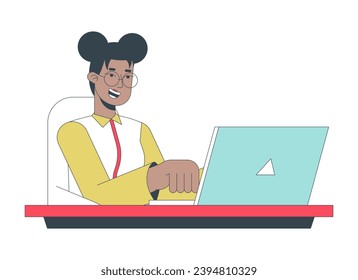 Inspired happy female employee typing laptop 2D linear cartoon character. Black woman office worker isolated line vector person white background. Gen z freelancer girl color flat spot illustration