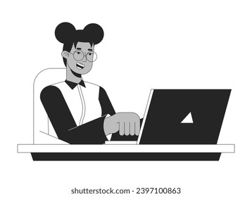 Inspired happy female employee typing laptop black and white 2D line cartoon character. Black woman office worker isolated vector outline person. Gen z freelancer monochromatic flat spot illustration