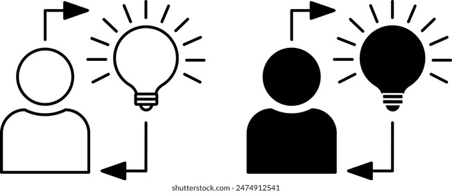 Iconos inspirados. Iconos vectoriales en blanco y negro del hombre y la bombilla. Idea y Tecnologías. Emociones, Salud Mental. Concepto de sentimiento
