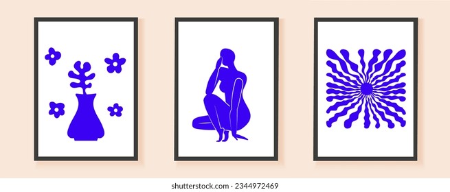 Inspired impressionism, post-impressionism abstract figures vector set. Blue plant branch. Floral Matisse elements set in contemporary, minimalist style.