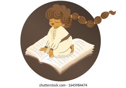An inspired Indian child is flying on a big book. Illustration of children's literature, fairy tales. International Children's Book Day. Vector isolated picture for online store or design.