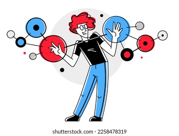 Inspired inventive designer or engineer composing abstract elements, creative worker doing some job and creating some system, vector outline illustration.