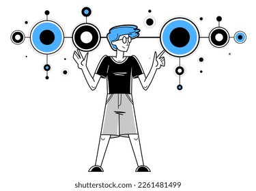 Inspired inventive designer or engineer composing abstract elements, creative worker doing some job and creating some system, vector outline illustration.