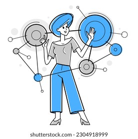 Inspired inventive designer or engineer composing abstract elements, creative worker doing some job and creating some system, vector outline illustration.