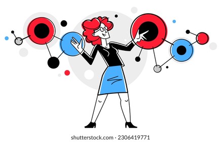 Inspired inventive designer or engineer composing abstract elements, creative worker woman doing some job and creating some system, vector outline illustration.