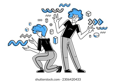 Inspired inventive designer or engineer composing abstract elements, creative worker doing some job and creating some system, vector outline illustration.