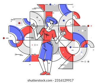 Inspired inventive designer or engineer composing abstract elements, creative worker doing some job and creating some system, vector outline illustration.