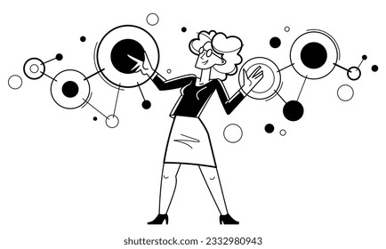 Inspired inventive designer or engineer composing abstract elements, creative worker woman doing some job and creating some system, vector outline illustration.
