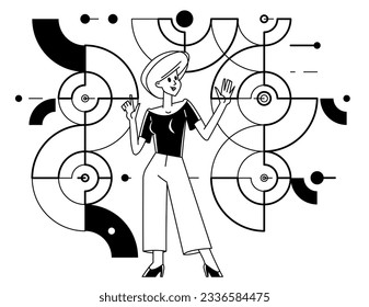 Inspired inventive designer or engineer composing abstract elements, woman creative worker doing some job and creating some system, vector outline illustration.