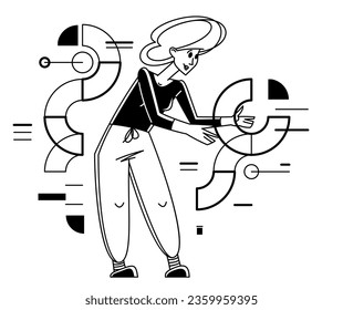 Inspired inventive designer or engineer composing abstract elements, creative worker doing some job and creating some system, vector outline illustration.